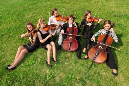 Six violinists sit semicircle on grass and play