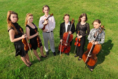 Six violinists stand semicircle on grass