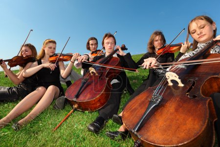 Six violinists sit on grass and play