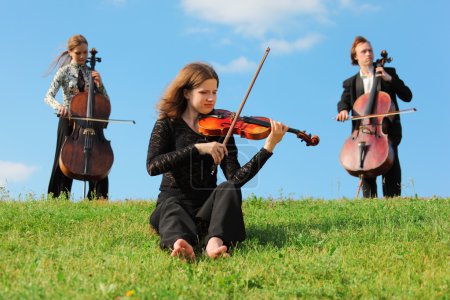 Violinist and two violoncellists play on grass against sky