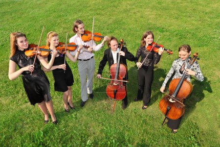 Six violinists stand semicircle on grass and play