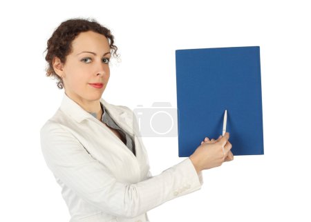 Young beauty woman in business dress, pointing on blue folder fo