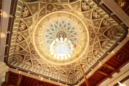 Grand mosque in Oman luxury interior cupola with chandelier