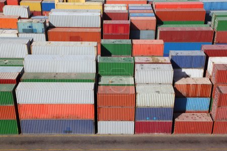 Multicolored containers for cargo transportation on ship