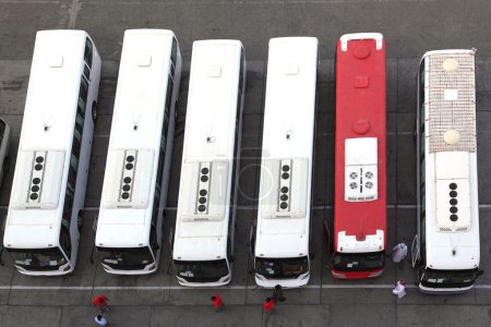 Regular buses on station and drivers in uniform view from above