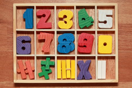 Math game for junior age with colored wooden signs of numbers