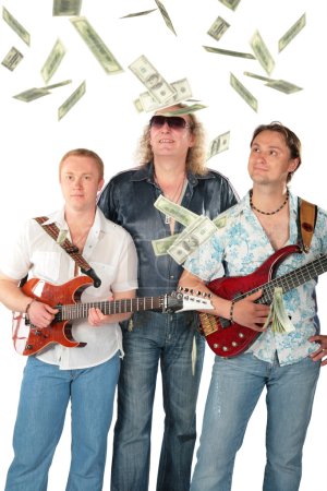Three men with two guitars and falling dollars