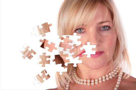 Taking off puzzle from face of middleaged woman close-up, collag