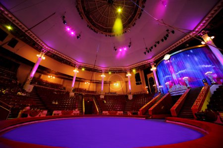 Circle arena in circus purple light lamps general view on cellin