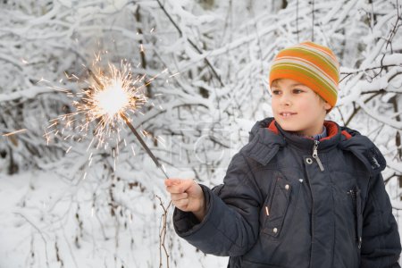 Cheerful boy with Bengal fire in hand in winter in wood