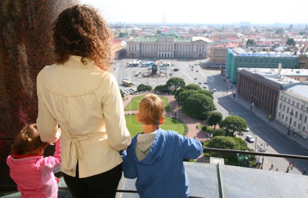 Mother and two children looks on St.Petersburg