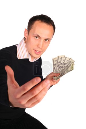 Young man in black with money invites