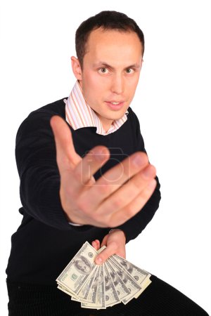 Young man in black with money invites