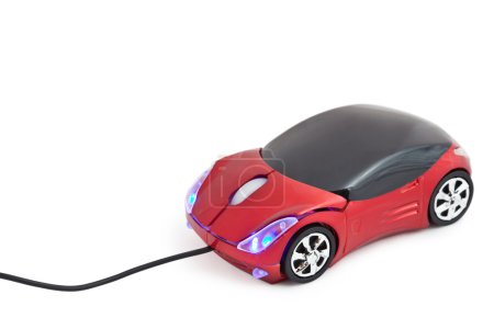 Computer mouse in form toy red sports car with glow headlights i