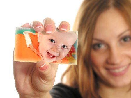Mother holding card with baby collage
