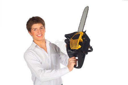 Young man shows chainsaw