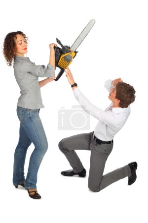 Young man is protected from girl with chain saw