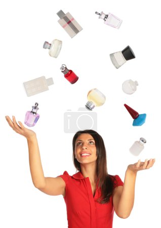 Woman looking up and juggling perfumes collage