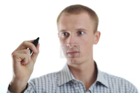 Handsome young business man touching screen isolated