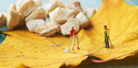 Miniature figurine using a rake to clean up of the fallen leave
