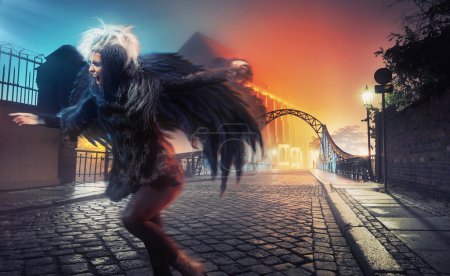 Raven woman running on empty city street
