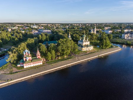 The Transfiguration Cathedral, the Church of Dimitri Tsarevich on blood and the whole Kremlin from above, Uglich, Russia. Aerial photograph