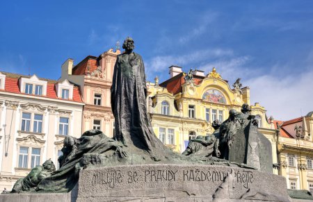 The Jan Hus Memorial stands at one end of Old Town Square, Prague in the Czech Republic. 