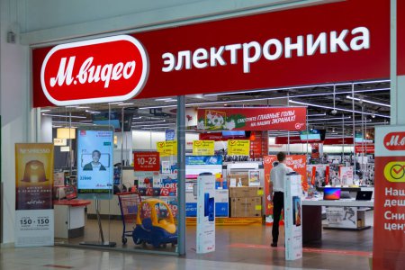 MOSCOW, RUSSIA - MAY 26, 2018: M.Video store entrance in the Aviapark shopping mall. Safmar group (M-Video) agreed to purchase a Russian network of home appliances and electronics Media Markt.