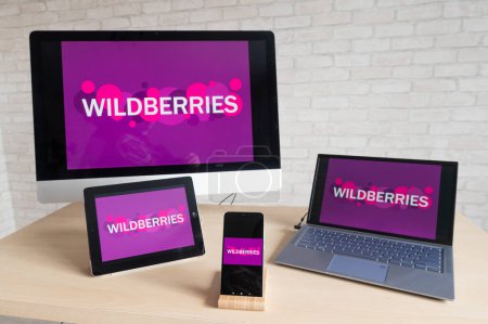 Novosibirsk, Russia 05 may 2020: Wildberries logo on device screens.