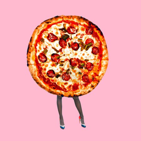 Contemporary art minimal collage. Lady Pizza. Funny Fast food minimal project