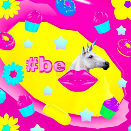 Contemporary art collage.  Be unicorn. Candy world. Fast food minimal project