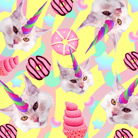 Unicorn Cat. Candy lover. Contemporary art collage. Funny Fast food project