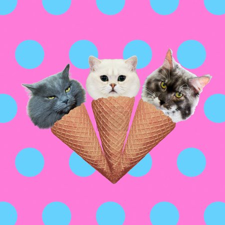 Cats ice cream mix. Contemporary art collage. Funny Fast food project