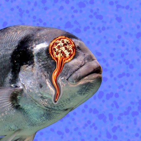 Contemporary art collage. Pizza fish. Funny Fast food minimal project