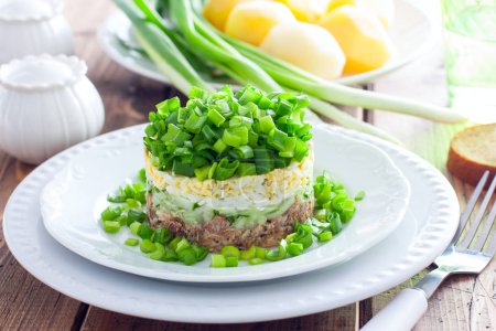 Salad with canned fish and green onions on a white plate, horizontal