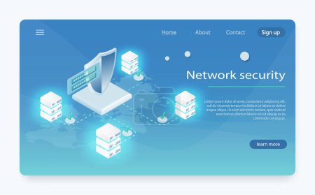 Network data security isometric vector illustration. Cloud data center, server room icon, information request processing