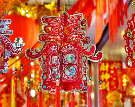 KAOHSIUNG, TAIWAN -- JANUARY 13, 2019: A store sells decorations for the Chinese New Year 2019, such as lanterns, bags and posters decorated with lucky Chinese sayings.