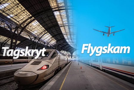 Digital collage with pride of travel by train or tagskryt and flight shame or Flygskam