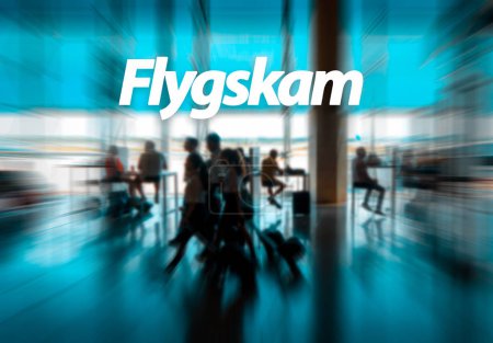 Flyskam word with airport passengers on the background.