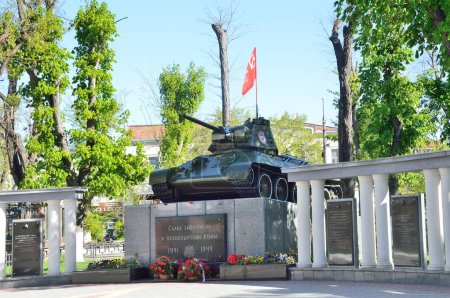 Simferopol, April, 27, 2017. T-34 tank - monument to the liberators of Simferopol in front of Alexander Nevsky Cathedral in the spring. City of Simferopol, Crimea
