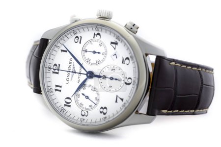 Saint-Imier, Switzerland September 15 2019 - Longines L27594785 Mens Master Collection Automatic Date Chronograph Alligator Leather Strap Watch on white