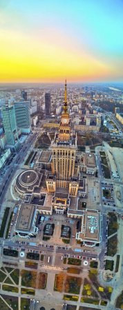 WARSAW, POLAND - APRIL 07, 2019: Beautiful panoramic aerial drone view to the center of Warsaw City and Palace of Culture and Science - a notable high-rise building in Warsaw, Poland