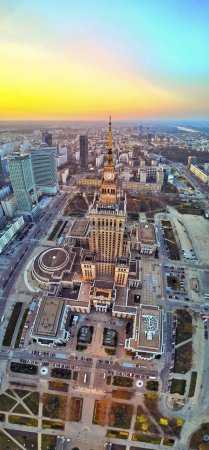 WARSAW, POLAND - APRIL 07, 2019: Beautiful panoramic aerial drone view to the center of Warsaw City and Palace of Culture and Science - a notable high-rise building in Warsaw, Poland