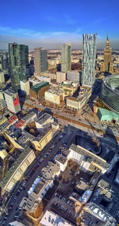 WARSAW, POLAND - FEBRUARY 23, 2019: Beautiful panoramic aerial drone view to the center of Warsaw City and 