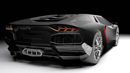 A black sport supercar is isolated on a black background - 3D rendering illustration