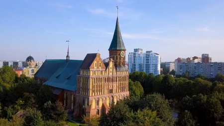 Kaliningrad Cathedral on the island of Kant. Russia, Kaliningrad, From Drone  