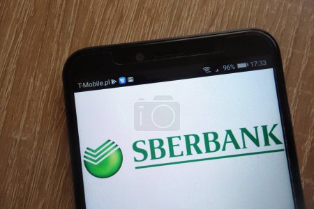 KONSKIE, POLAND - AUGUST 11, 2018: Sberbank logo displayed on a modern smartphone
