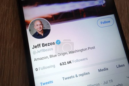 KONSKIE, POLAND - SEPTEMBER 07, 2018: Jeff Bezos Twitter account displayed on a modern smartphone