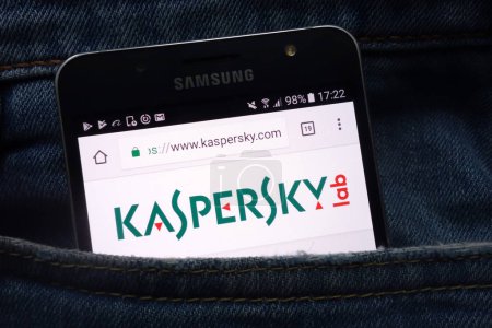 KONSKIE, POLAND - MAY 16, 2018: Kaspersky website displayed on Samsung smartphone hidden in jeans pocket