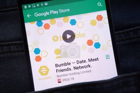 KONSKIE, POLAND - JUNE 12, 2018: Bumble - Date. Meet Friends. Network. app on Google Play Store website displayed on smartphone hidden in jeans pocket
